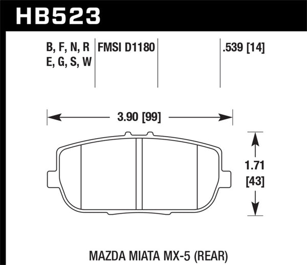 Hawk HB523G.539 06-11 Mazda Miata MX-5 Rear DTC-60 Race Brake Pads