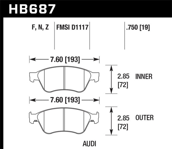 Hawk 04-10 Audi A8 Quattro / 07-11 S6 / 07-10 S8 / 04-06 VW Phaeton HPS Plaquettes de frein avant