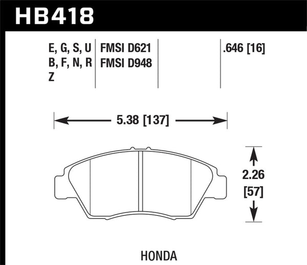 Hawk 02-06 RSX (non-S) avant/03-09 Civic Hybrid/04-05 Civic Si HPS Street plaquettes de frein arrière