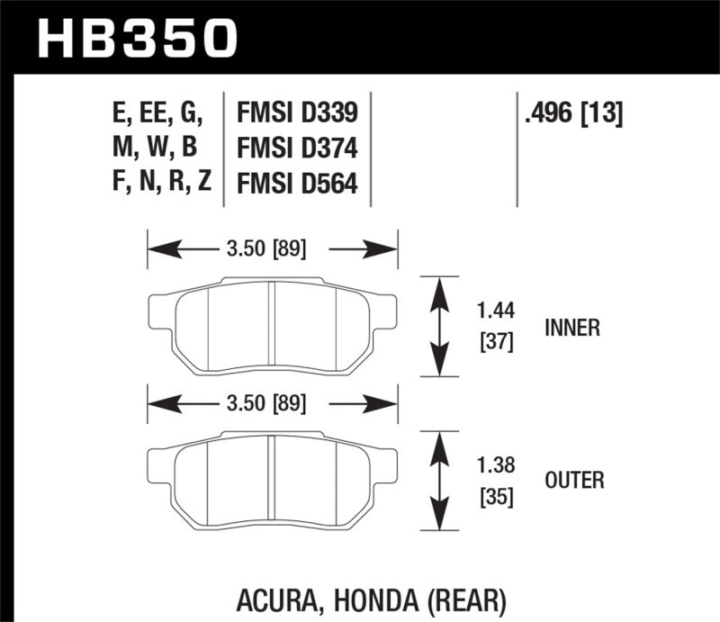 Hawk HB350F.496 90-01 Acura Integra (excl Type R) / 98-00 Civic Coupe Si HPS Street Rear Brake Pads