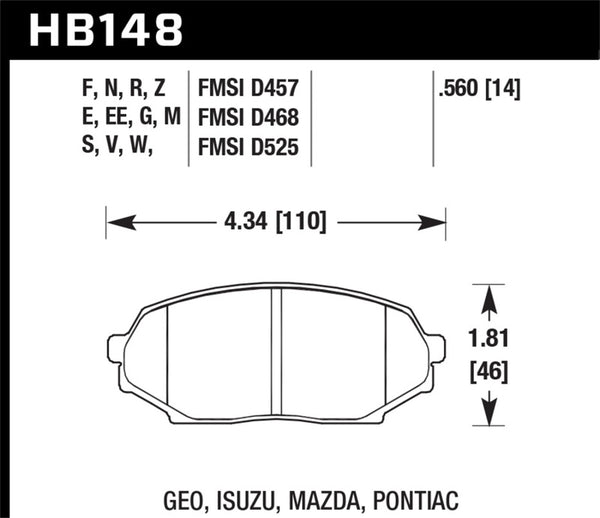 Hawk 90-93 Geo Storm / 90-92 Isuzu Impulse / 90-93 Mazda Miata DTC-30 Coussinets de course avant