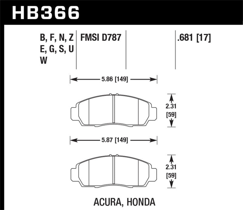 Hawk 04+ Accord TSX / 99-08 TL / 01-03 CL / 08+ Honda Accord EX HP+ Street Plaquettes de frein avant